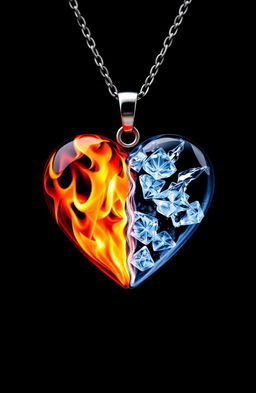 A stunning heart-shaped necklace divided perfectly in half: one side adorned with vibrant, flickering flames and the other side glistening with beautiful, intricate ice crystals