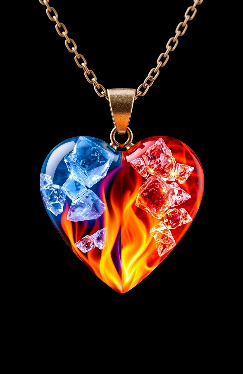 A stunning heart-shaped necklace divided perfectly in half: one side adorned with vibrant, flickering flames and the other side glistening with beautiful, intricate ice crystals