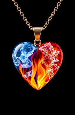 A stunning heart-shaped necklace divided perfectly in half: one side adorned with vibrant, flickering flames and the other side glistening with beautiful, intricate ice crystals