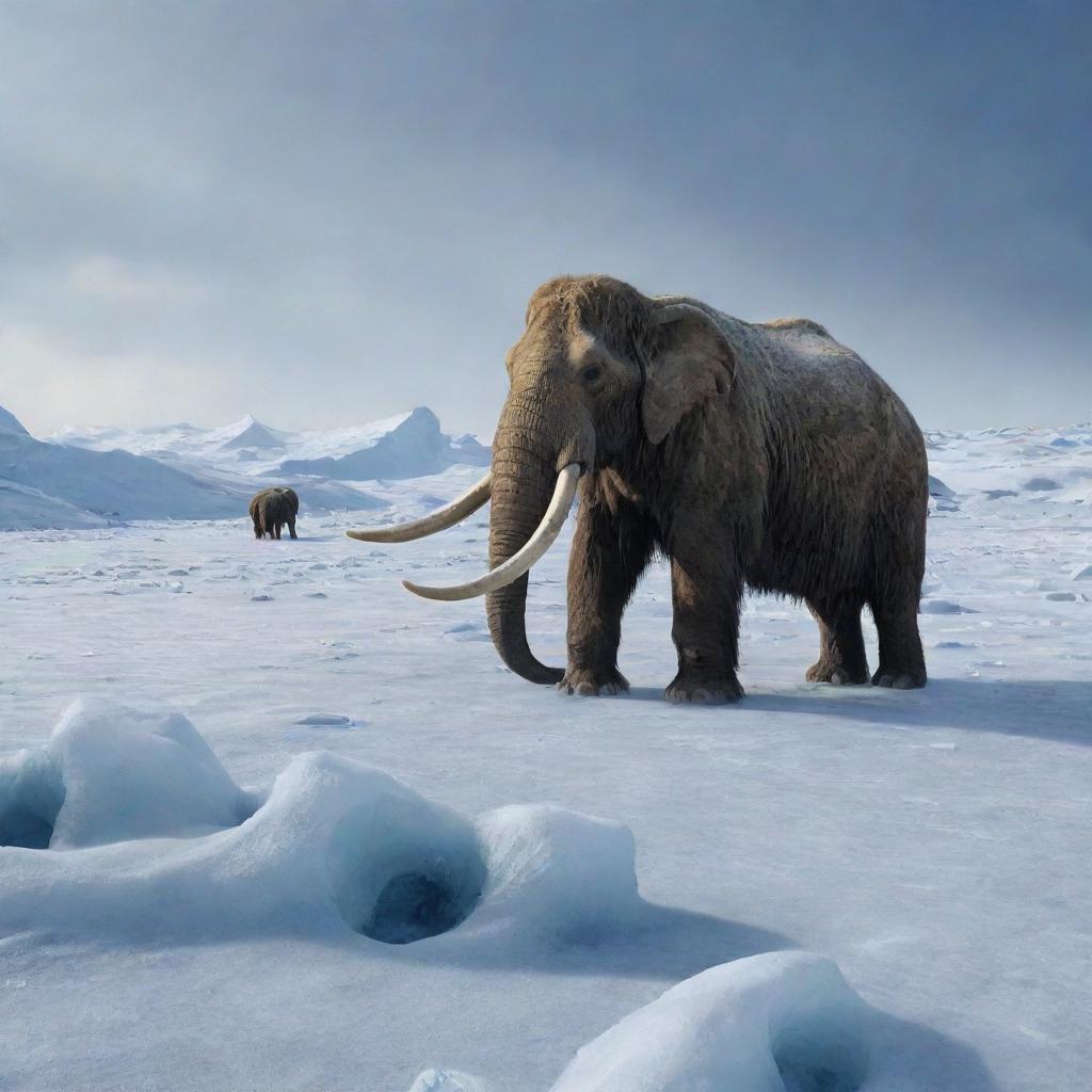 Imagine a vast frozen wasteland, where mammoths have been entombed in ice, their existence erased from the landscape, signifying their eventual disappearance from Earth.