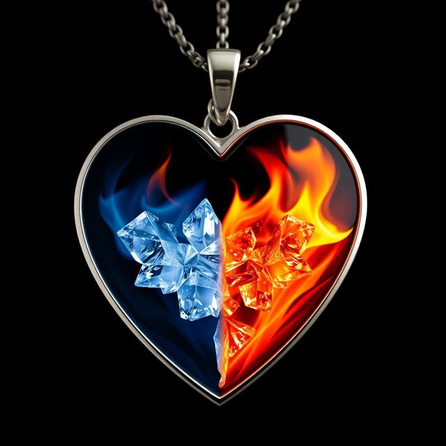 A stunning heart-shaped necklace made of silver, divided perfectly in half: one side features vibrant, flickering flames while the other side showcases beautiful, intricate ice crystals