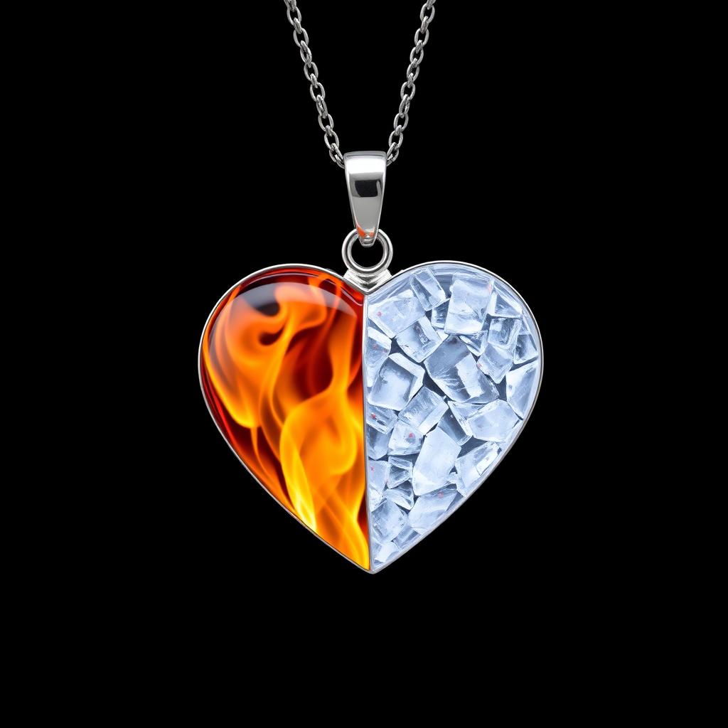 A stunning heart-shaped necklace made of silver, divided perfectly in half: one side features vibrant, flickering flames while the other side showcases beautiful, intricate ice crystals