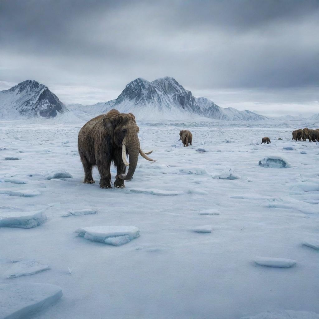 Imagine a vast frozen wasteland, where mammoths have been entombed in ice, their existence erased from the landscape, signifying their eventual disappearance from Earth.