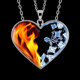 A stunning heart-shaped necklace made of silver, divided perfectly in half: one side features vibrant, flickering flames while the other side showcases beautiful, intricate ice crystals