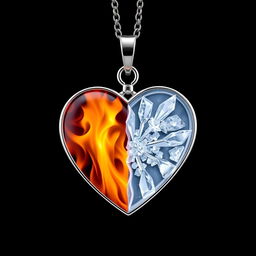 A stunning heart-shaped necklace made of silver, divided perfectly in half: one side features vibrant, flickering flames while the other side showcases beautiful, intricate ice crystals