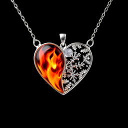 A beautiful heart-shaped necklace made of silver, uniquely designed with one half depicting vibrant flames and the other half adorned with delicate snowflakes