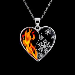 A beautiful heart-shaped necklace made of silver, uniquely designed with one half depicting vibrant flames and the other half adorned with delicate snowflakes