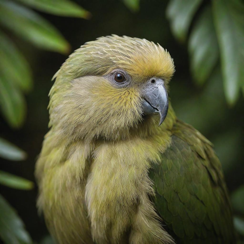 A captivating image of the critically endangered Kakapo, known as the world's rarest bird. It's highlighted by its vibrant green feathers, large beady eyes, and a friendly appearance, nestled amidst the rich foliage of New Zealand's forests.