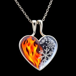 A beautiful heart-shaped necklace made of silver, uniquely designed with one half depicting vibrant flames and the other half adorned with delicate snowflakes