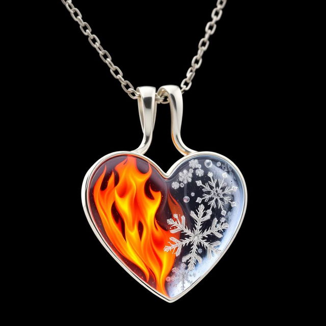 A beautiful heart-shaped necklace made of silver, uniquely designed with one half depicting vibrant flames and the other half adorned with delicate snowflakes