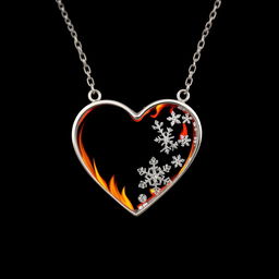 A beautiful heart-shaped necklace made of silver, uniquely designed with one half depicting vibrant flames and the other half adorned with delicate snowflakes