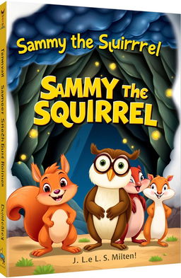 A whimsical children's book cover featuring Sammy the Squirrel, an adventurous and curious squirrel with big, expressive eyes and a fluffy tail