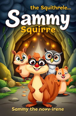 A whimsical children's book cover featuring Sammy the Squirrel, an adventurous and curious squirrel with big, expressive eyes and a fluffy tail