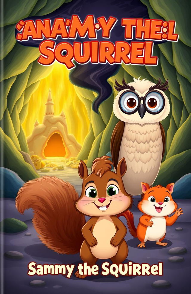 A whimsical children's book cover featuring Sammy the Squirrel, an adventurous and curious squirrel with big, expressive eyes and a fluffy tail