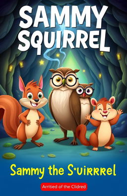 A whimsical children's book cover featuring Sammy the Squirrel, an adventurous and curious squirrel with big, expressive eyes and a fluffy tail