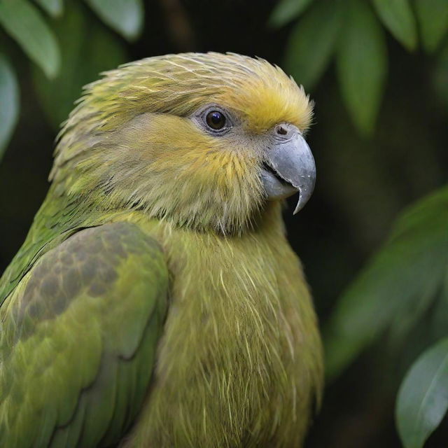 A captivating image of the critically endangered Kakapo, known as the world's rarest bird. It's highlighted by its vibrant green feathers, large beady eyes, and a friendly appearance, nestled amidst the rich foliage of New Zealand's forests.