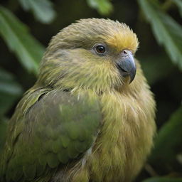 A captivating image of the critically endangered Kakapo, known as the world's rarest bird. It's highlighted by its vibrant green feathers, large beady eyes, and a friendly appearance, nestled amidst the rich foliage of New Zealand's forests.