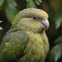 A captivating image of the critically endangered Kakapo, known as the world's rarest bird. It's highlighted by its vibrant green feathers, large beady eyes, and a friendly appearance, nestled amidst the rich foliage of New Zealand's forests.