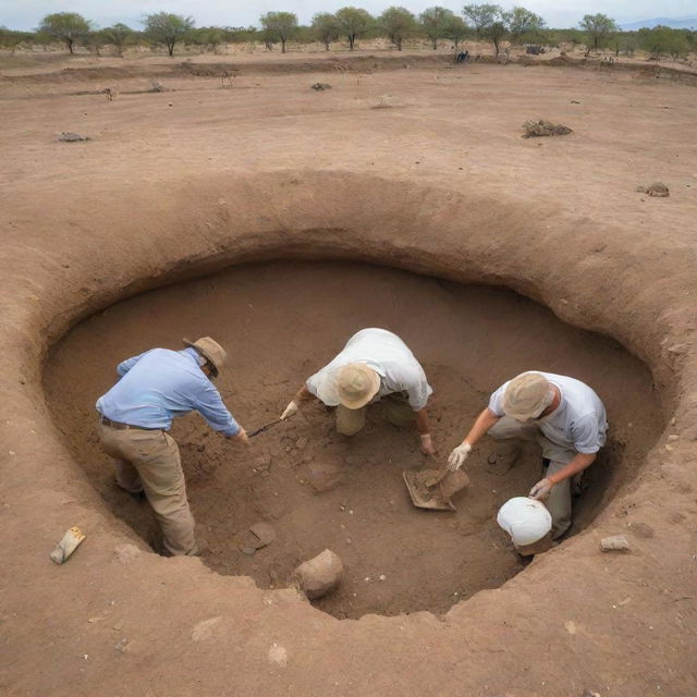 Transition to the present day, with archeologists at a dig site, meticulously uncovering dinosaur fossils, revealing remnants of the creatures that once dominated Earth.