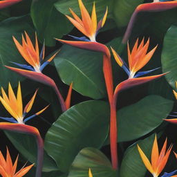 A vivid rendering of the exotic Cendrawasih, or Bird of Paradise, known for its spectacular plumes of vibrant colors and intricate patterns, displaying its magnificent courtship dance amidst the lush, tropical foliage of its Indonesian rainforest habitat.