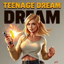 A realistic depiction of a 20-year-old blonde girl inspired by Marvel characters