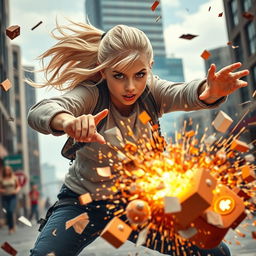 A dynamic and action-packed scene featuring a blonde girl around 17 years old, showcasing her sound manipulation powers