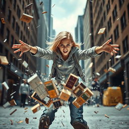 A dynamic and action-packed scene featuring a blonde girl around 17 years old, showcasing her sound manipulation powers