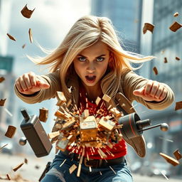 A dynamic and action-packed scene featuring a blonde girl around 17 years old, showcasing her sound manipulation powers