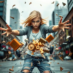 A dynamic and action-packed scene featuring a blonde girl around 17 years old, showcasing her sound manipulation powers