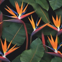 A vivid rendering of the exotic Cendrawasih, or Bird of Paradise, known for its spectacular plumes of vibrant colors and intricate patterns, displaying its magnificent courtship dance amidst the lush, tropical foliage of its Indonesian rainforest habitat.