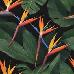 A vivid rendering of the exotic Cendrawasih, or Bird of Paradise, known for its spectacular plumes of vibrant colors and intricate patterns, displaying its magnificent courtship dance amidst the lush, tropical foliage of its Indonesian rainforest habitat.