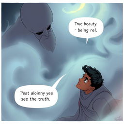 A close-up illustration from a high angle showing Ahmed positioned on the right side, lower in the frame, with a determined and peaceful expression as he speaks to the Sandman