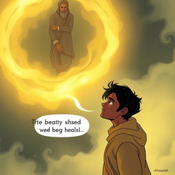 A close-up illustration from a high angle showing Ahmed positioned on the right side, lower in the frame, with a determined and peaceful expression as he speaks to the Sandman