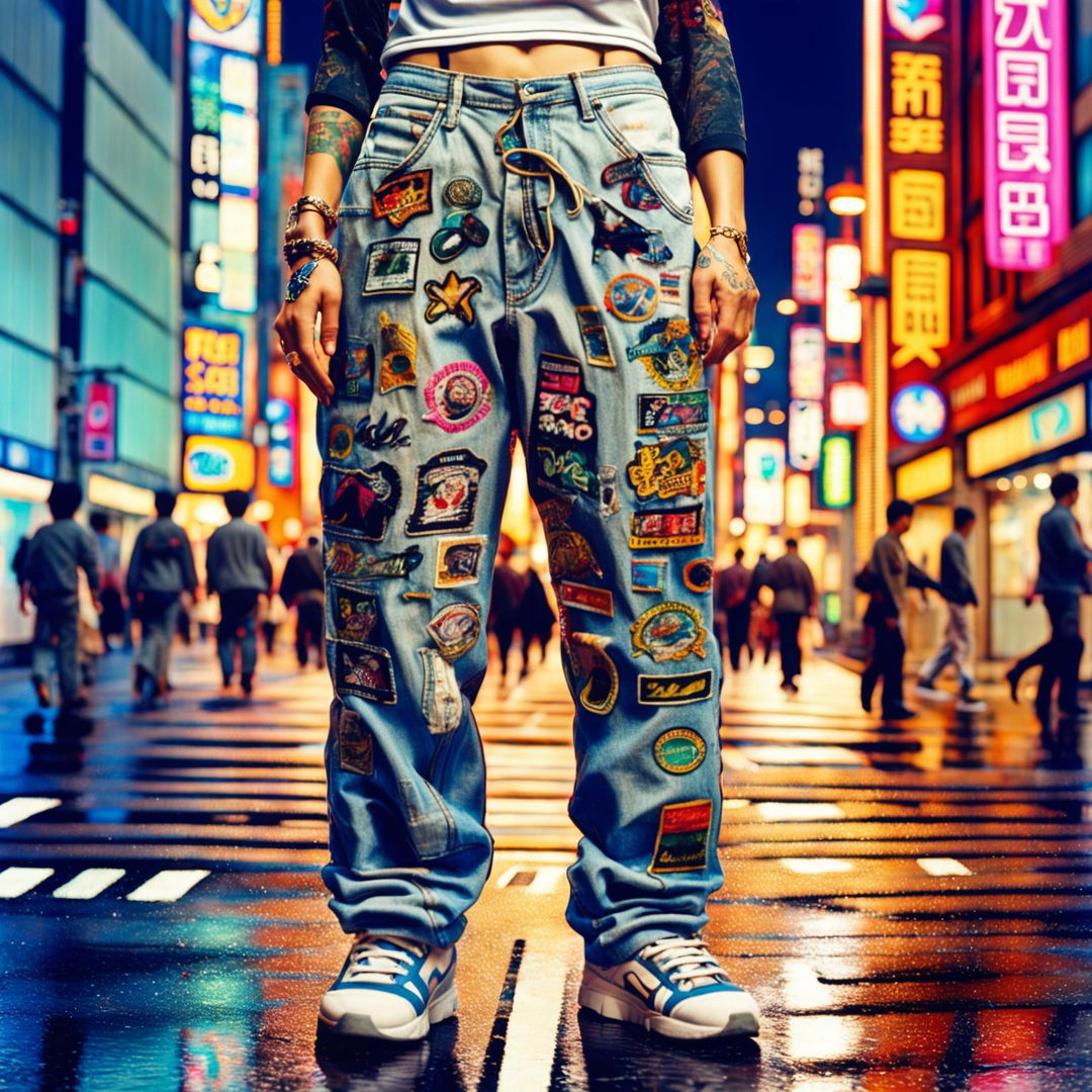 90s Japanese streetwear featuring high-waisted, baggy denim pants with pop culture patches, paired with a white crop top and chunky sneakers against a backdrop of a bustling Tokyo street at dusk.