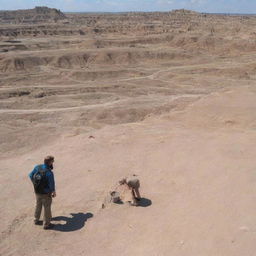 Depict a modern day scene at the Badlands, where dedicated archeologists comb the rocky terrain, discovering and excavating preserved dinosaur fossils.