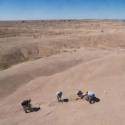 Depict a modern day scene at the Badlands, where dedicated archeologists comb the rocky terrain, discovering and excavating preserved dinosaur fossils.