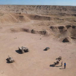 Depict a modern day scene at the Badlands, where dedicated archeologists comb the rocky terrain, discovering and excavating preserved dinosaur fossils.