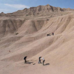 Depict a modern day scene at the Badlands, where dedicated archeologists comb the rocky terrain, discovering and excavating preserved dinosaur fossils.