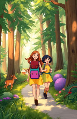 A beautifully illustrated scene depicting the journey of two friends, Kaylee and Jackie, as they trek through a vibrant forest