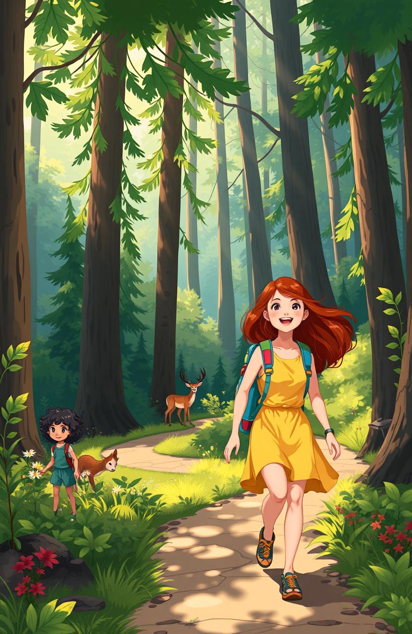 A beautifully illustrated scene depicting the journey of two friends, Kaylee and Jackie, as they trek through a vibrant forest