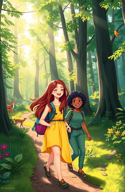 A beautifully illustrated scene depicting the journey of two friends, Kaylee and Jackie, as they trek through a vibrant forest