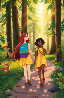 A beautifully illustrated scene depicting the journey of two friends, Kaylee and Jackie, as they trek through a vibrant forest
