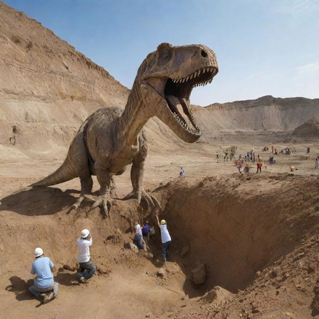 Illustrate a triumphant moment with scientists successfully uncovering a well-preserved dinosaur fossil, their delight and excitement evident against the backdrop of the excavation site.