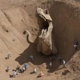 Illustrate a triumphant moment with scientists successfully uncovering a well-preserved dinosaur fossil, their delight and excitement evident against the backdrop of the excavation site.