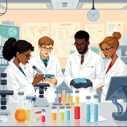 Detective-themed illustration showcasing a group of scientists and medical professionals investigating cancer