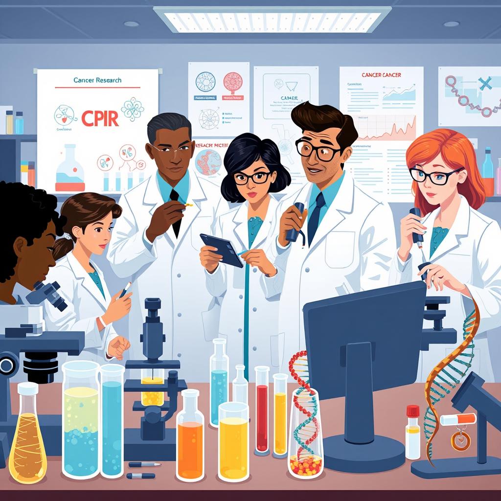 Detective-themed illustration showcasing a group of scientists and medical professionals investigating cancer