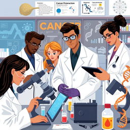 Detective-themed illustration showcasing a group of scientists and medical professionals investigating cancer