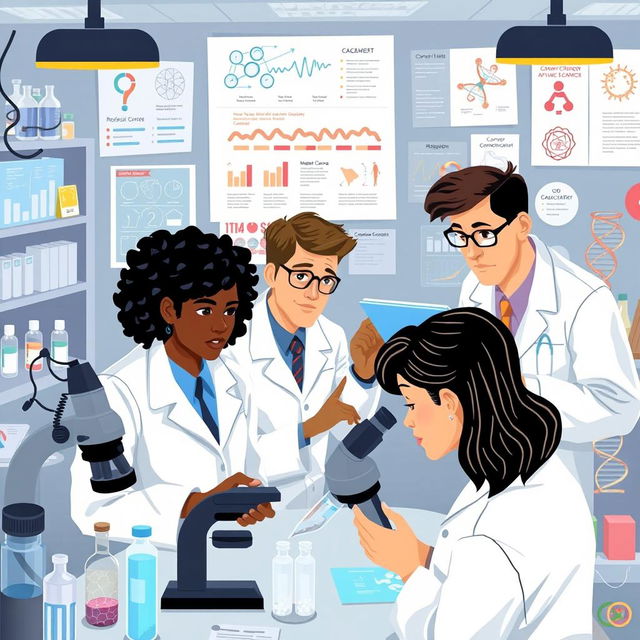 Detective-themed illustration showcasing a group of scientists and medical professionals investigating cancer