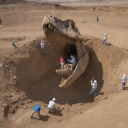 Illustrate a triumphant moment with scientists successfully uncovering a well-preserved dinosaur fossil, their delight and excitement evident against the backdrop of the excavation site.