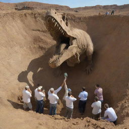 Illustrate a triumphant moment with scientists successfully uncovering a well-preserved dinosaur fossil, their delight and excitement evident against the backdrop of the excavation site.